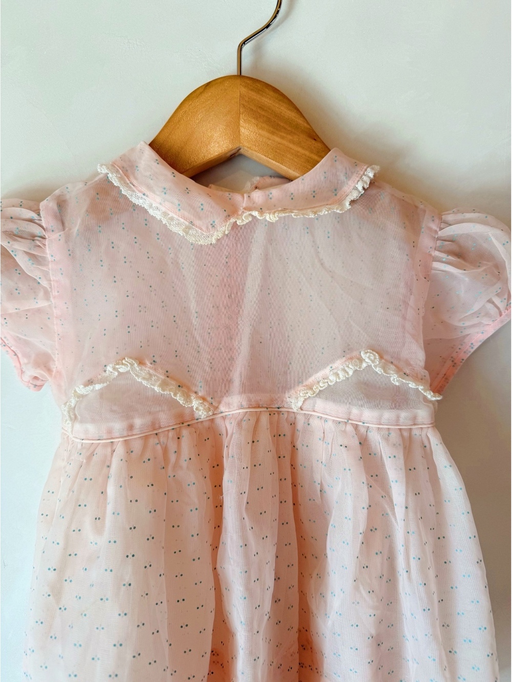 Vintage 12m Baby Pink Sheer Dress with Peter Pan Collar and Bow Tie